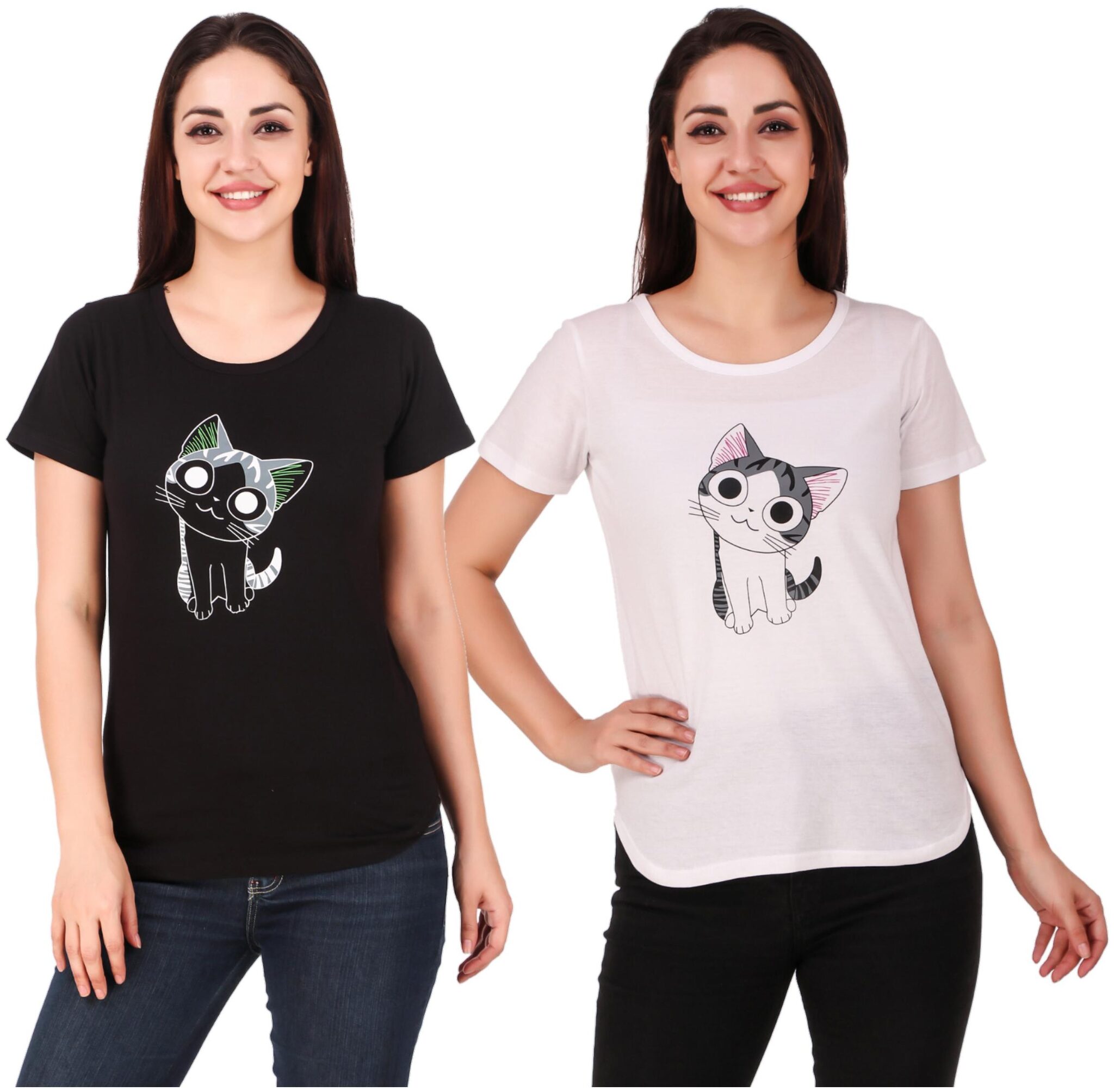 

FASHOPEDIA Women White Black Regular fit Round neck Cotton T shirt