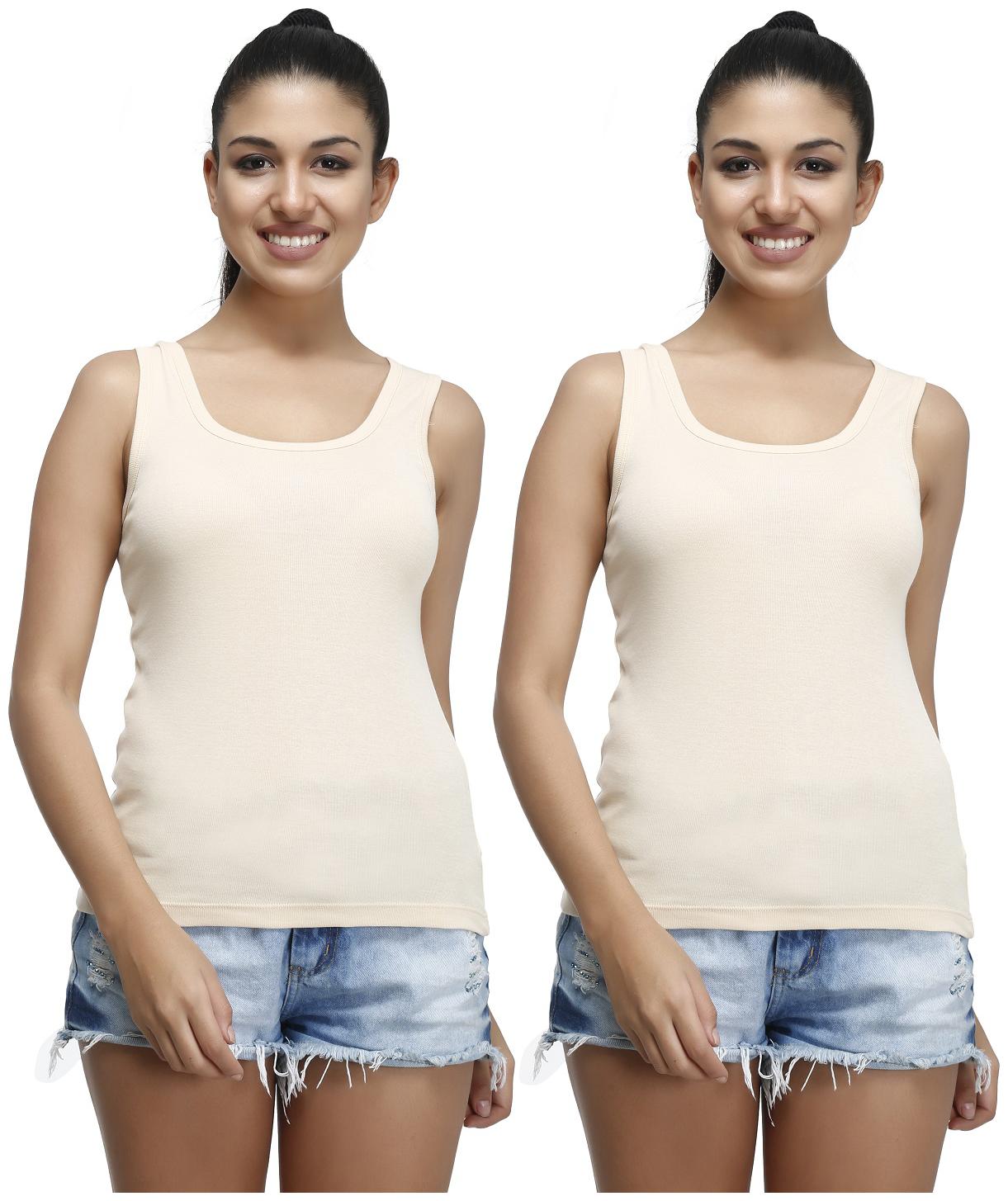 

T T Women Beige Slim fit U neck Cotton Tank top
