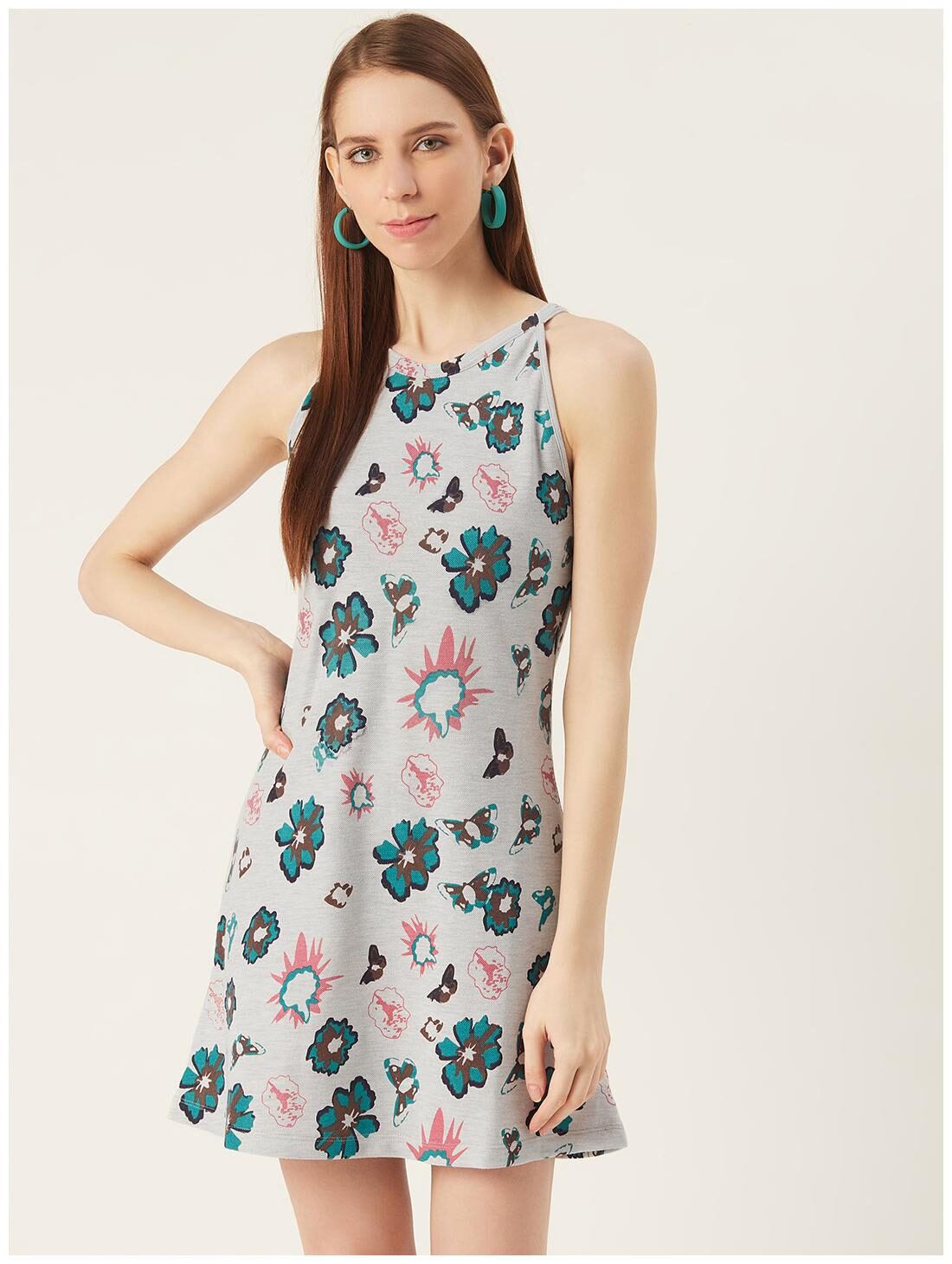 

Taaruush Cotton Floral Grey A Line Dress Women