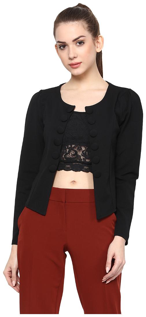 

Taaruush WOMEN S BLACK POLYESTER LYCRA FULL SLEEVE WAIST LENGTH SLIM FIT ROUND NECK WINTER PLAIN SOLID JACKET