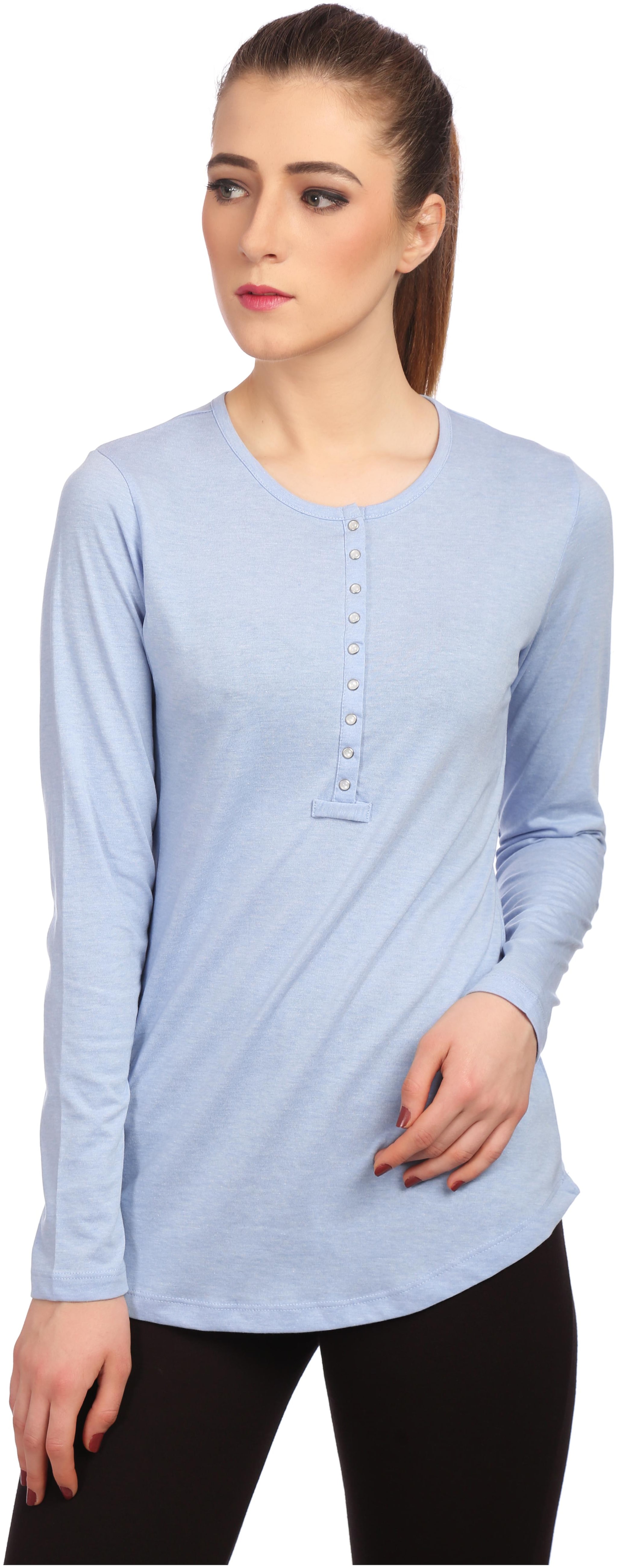 

TAARUUSH Women Blue Body fit Henley neck Cotton T shirt