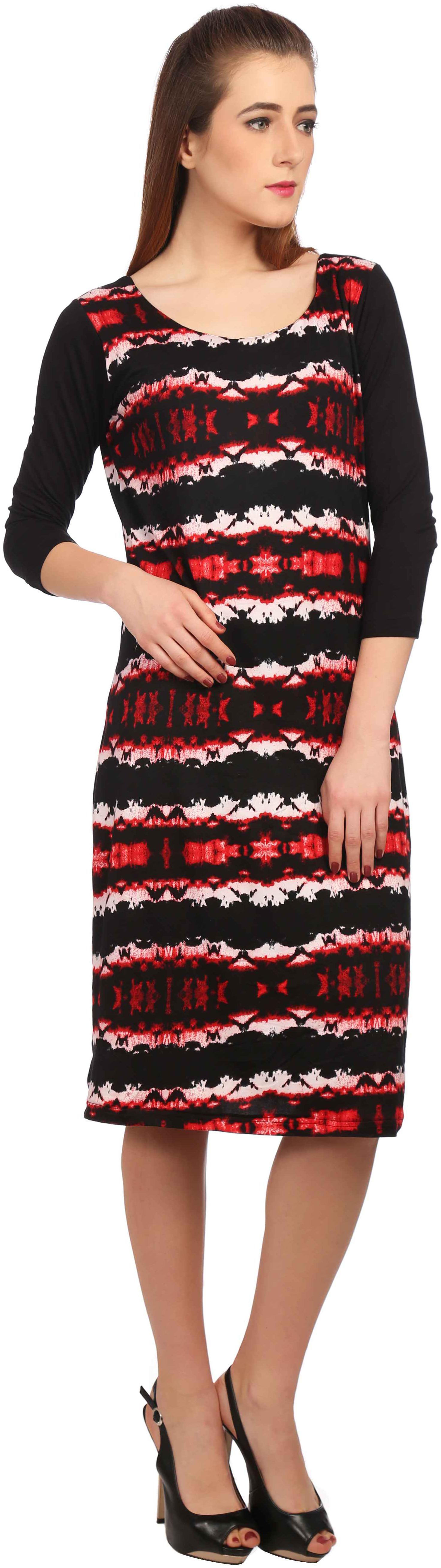 

TAARUUSH WOMEN S MULTICOLOR POLYESTER LYCRA 3 4 SLEEVE KNEE LENGTH REGULAR ROUND NECK DRESS