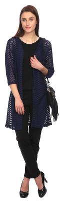 

Taaruush WOMEN S NAVY BLUE net 3 4TH SLEEVE KNEE LENGTH REGULAR SHAWL COLLAR SHRUG NET SHRUG