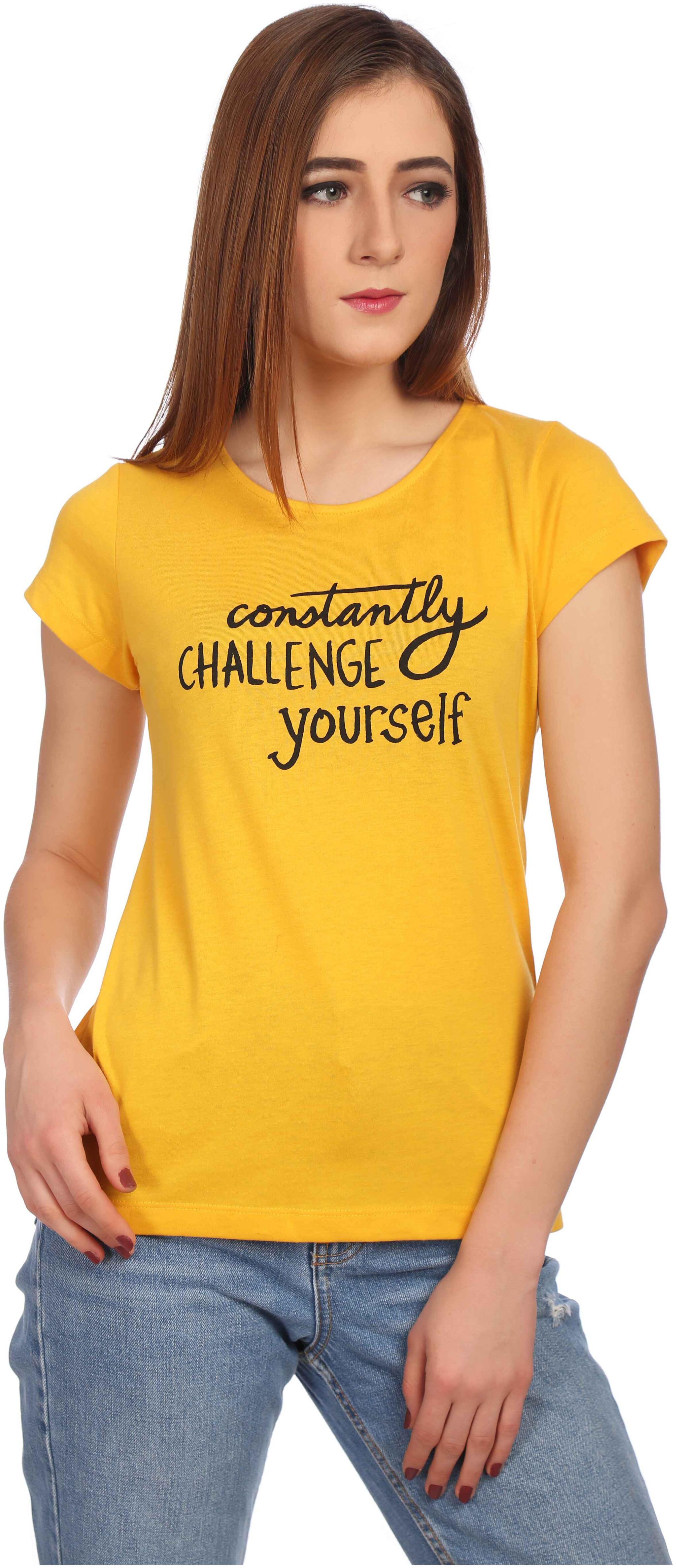 

TAARUUSH Women Yellow Body fit Round neck Cotton T shirt