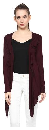 

Taaruush WOMEN S MAROON VISCOSE LYCRA FULL SLEEVE THIGH LENGTH REGULAR SHAWL COLLAR SHRUG PLAIN SOLID SHRUG