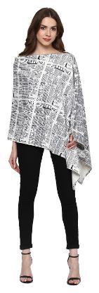 

Taaruush WOMEN S OFF WHITE BLACK COTTON SLEEVELESS HIP LENGTH REGULAR SHAWL COLLAR SHRUG PRINTED SHRUG