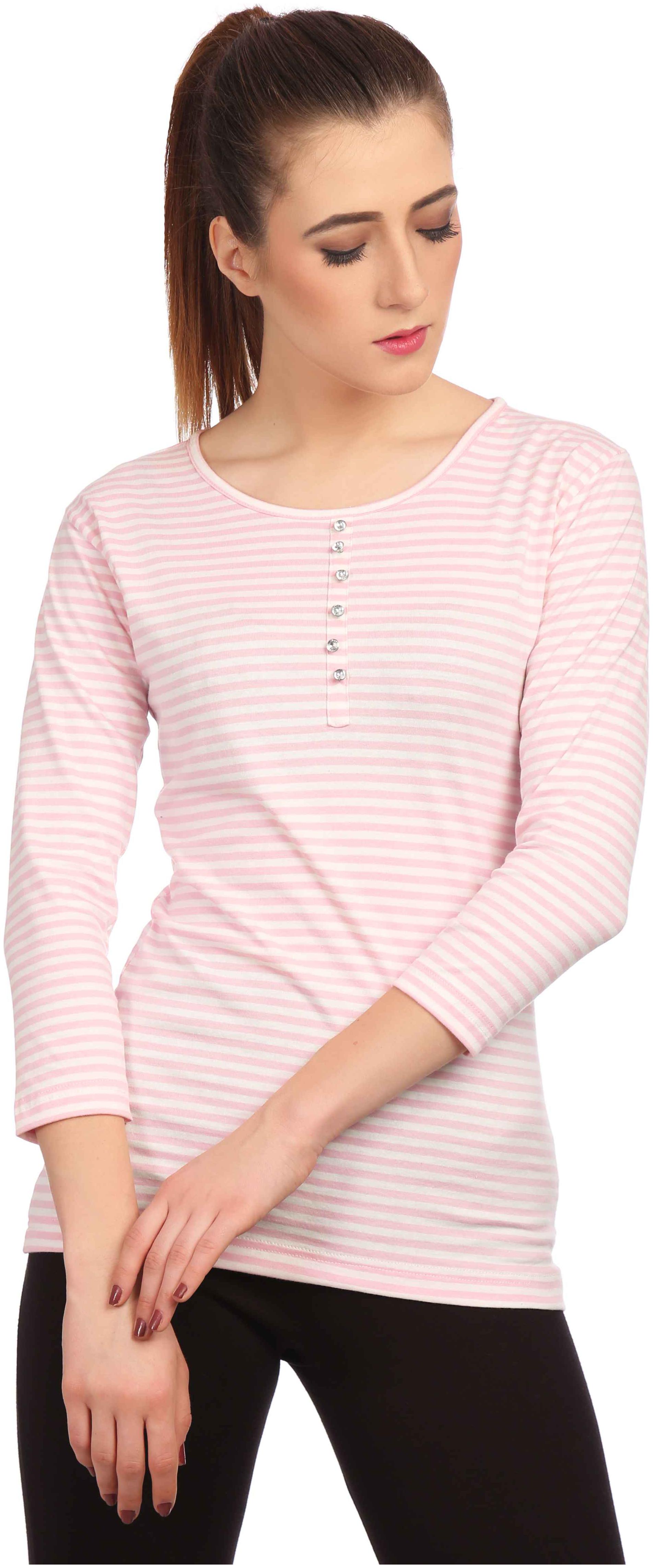 

TAARUUSH Women Pink Body fit Henley neck Cotton T shirt