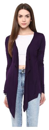 

Taaruush WOMEN S PURPLE VISCOSE LYCRA FULL SLEEVE THIGH LENGTH REGULAR SHAWL COLLAR SHRUG PLAIN SOLID SHRUG