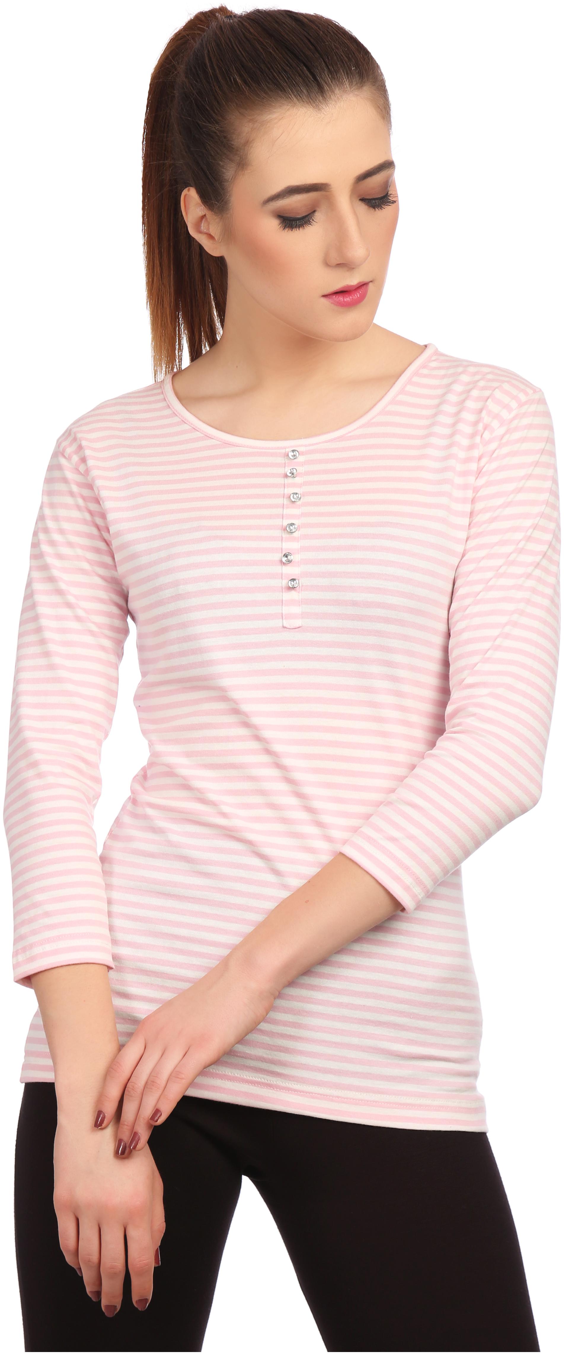

TAARUUSH Women Pink Body fit Henley neck Cotton T shirt