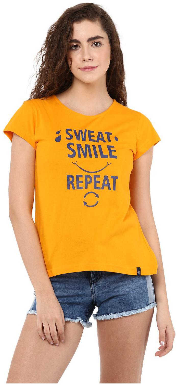 

TAARUUSH Women Yellow Regular fit Round neck Cotton T shirt
