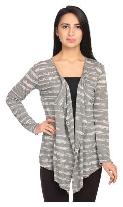 

Taaruush WOMEN S GREY VISCOSE FULL SLEEVES HIP LENGTH REGULAR SHAWL COLLAR STRPIED SHRUG