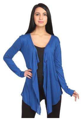 

Taaruush WOMEN S BLUE VISCOSE FULL SLEEVES HIP LENGTH REGULAR SHAWL COLLAR PLAIN SOLID SHRUG