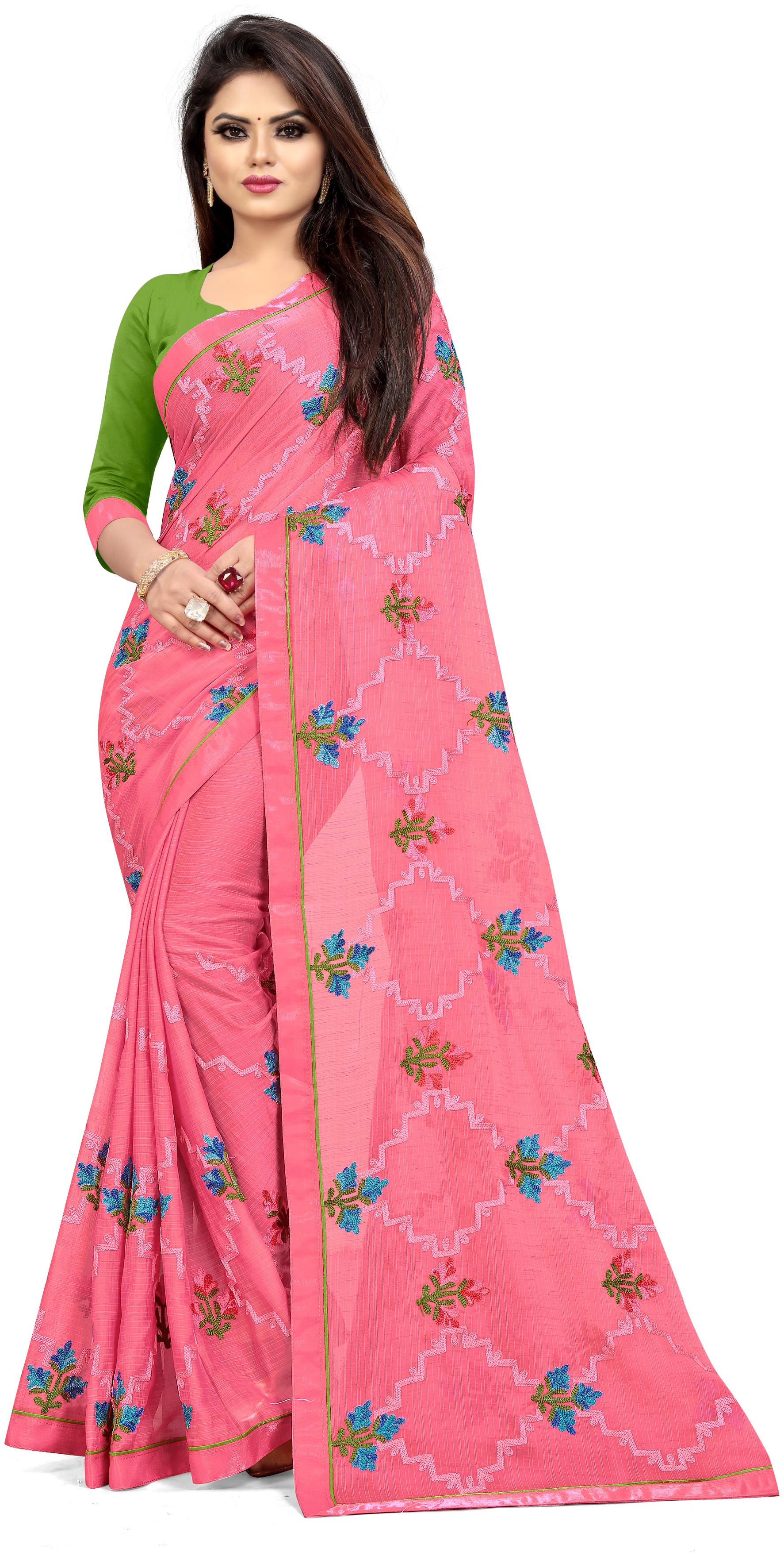 

TABOODY EMPIRE Women Chiffon Embroidered Pink Designer Saree With Blouse