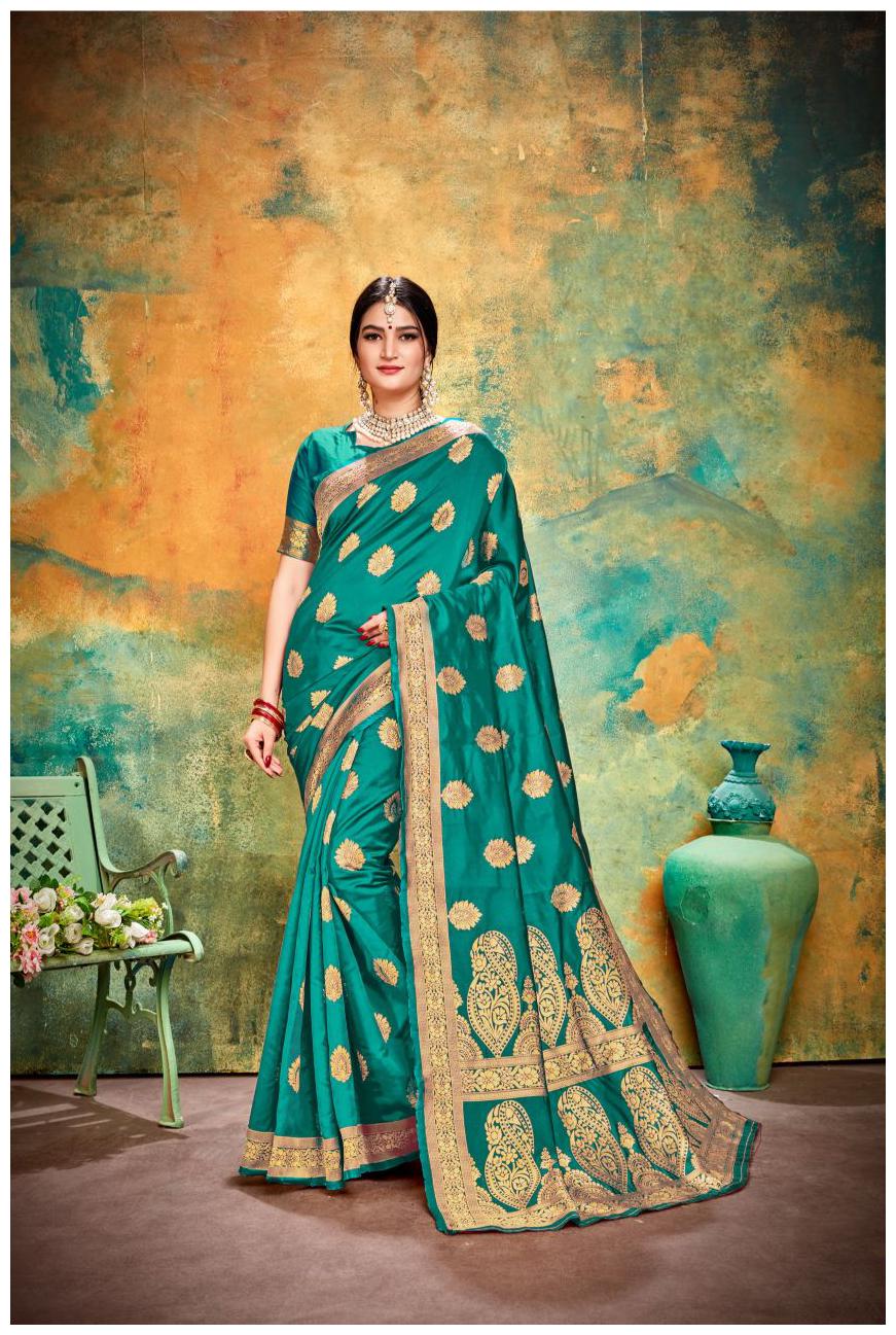 

TABOODY EMPIRE Silk Block print Work Party Wear Designer Saree Green