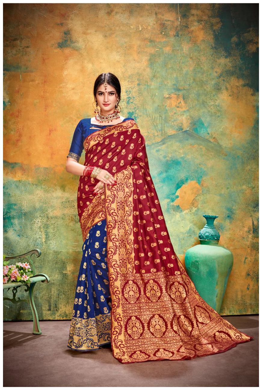 

TABOODY EMPIRE Silk Block print Work Party Wear Designer Saree Red