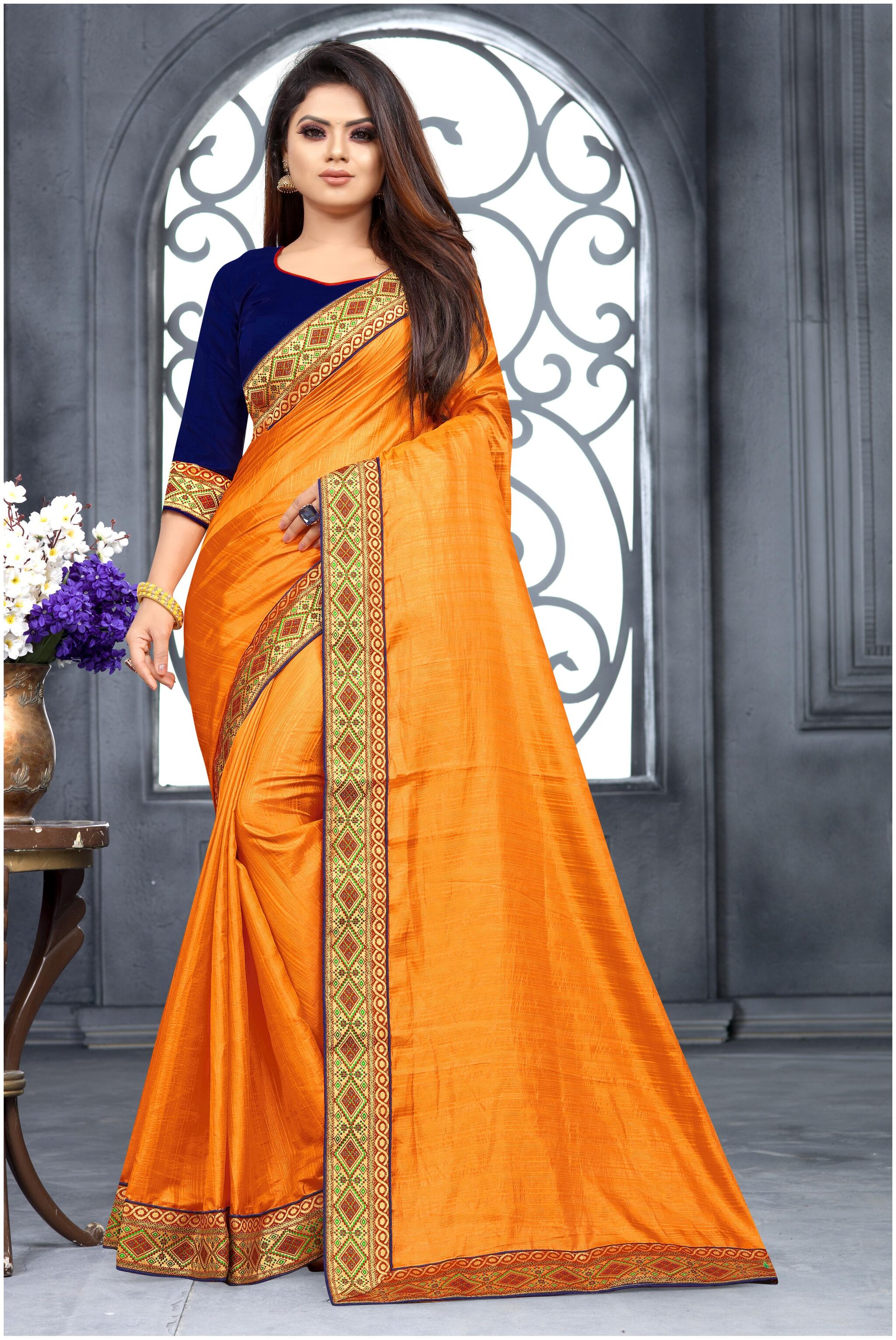 

TABOODY EMPIRE Orange Solid Fancy Silk Jacquard Lace Border With Saree