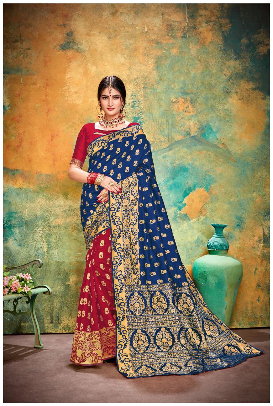 

TABOODY EMPIRE Silk Block print Work Party Wear Designer Saree Blue