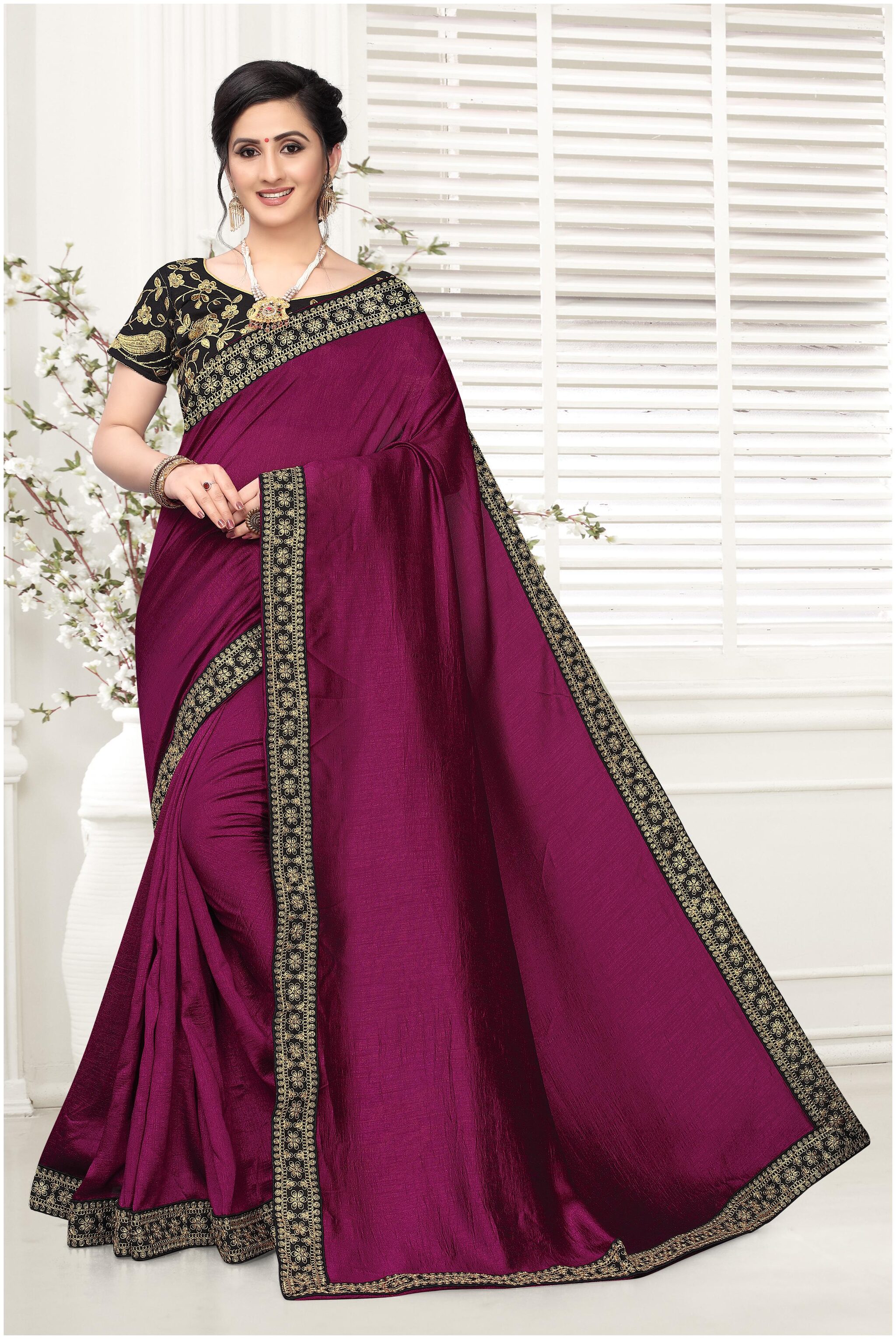 

TABOODY EMPIRE Purple Silk Embroidered Work With Saree