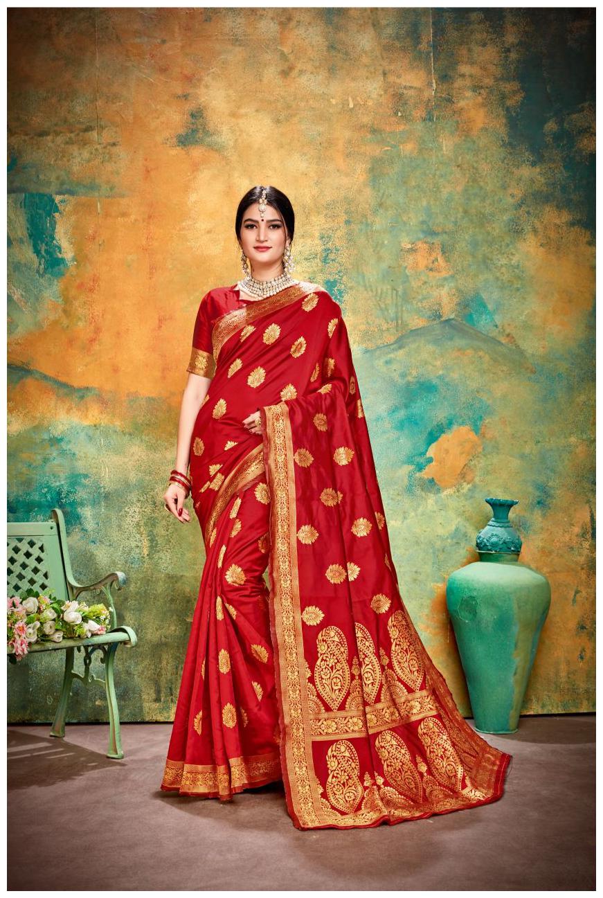 

TABOODY EMPIRE Silk Block print Work Party Wear Designer Saree Red