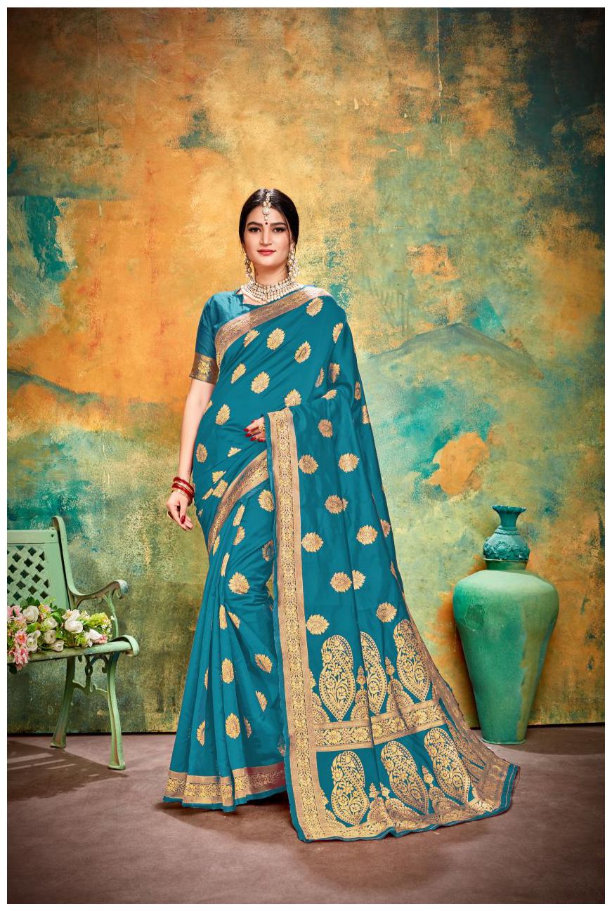 

TABOODY EMPIRE Silk Block print Work Party Wear Designer Saree Blue