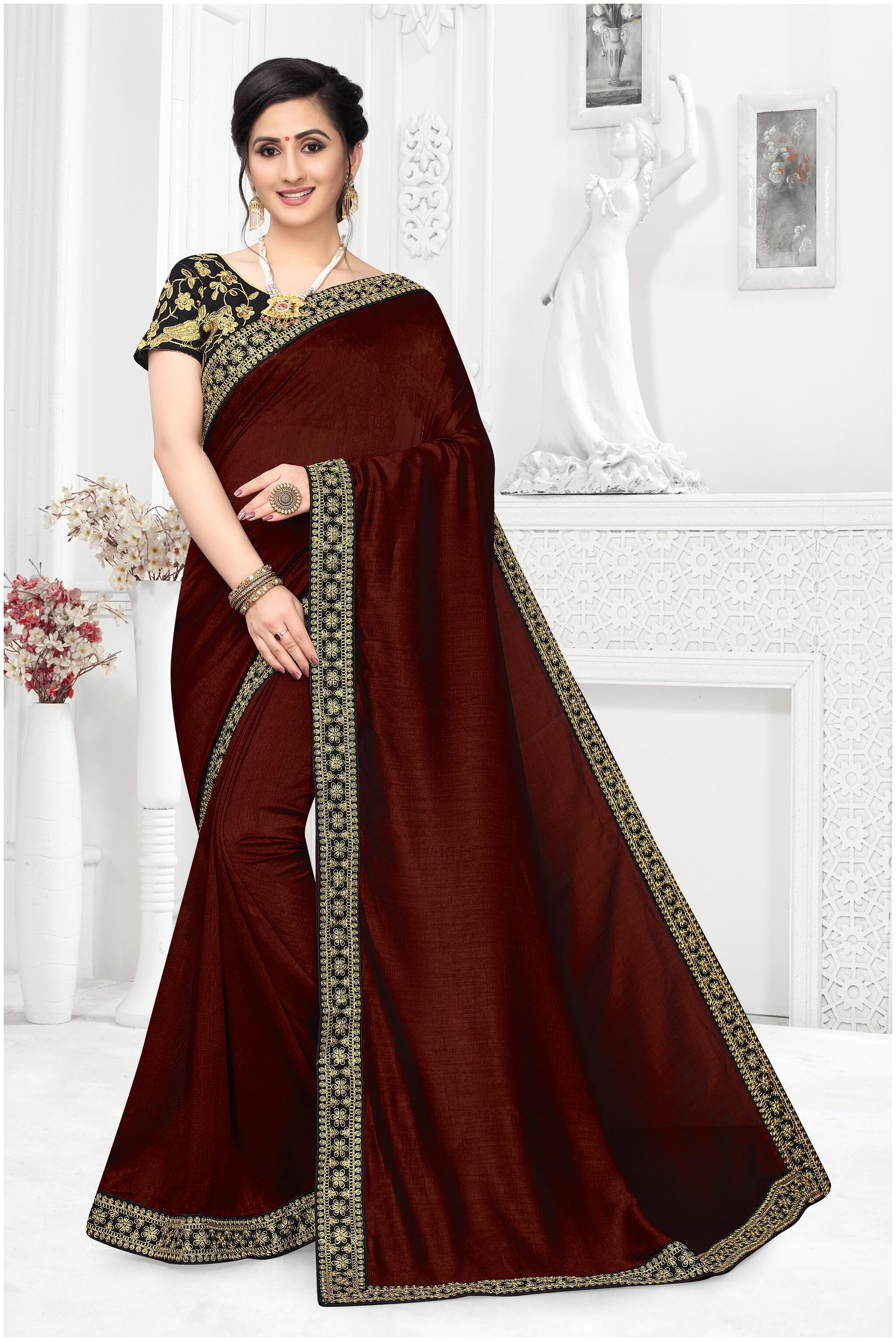 

TABOODY EMPIRE Brown Silk Embroidered Work With Saree