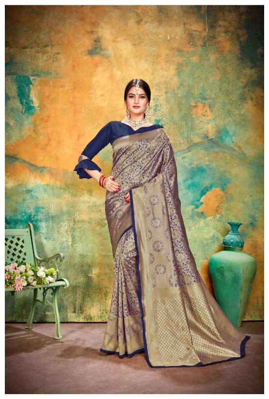 

TABOODY EMPIRE Silk Block print Work Designer Saree Blue