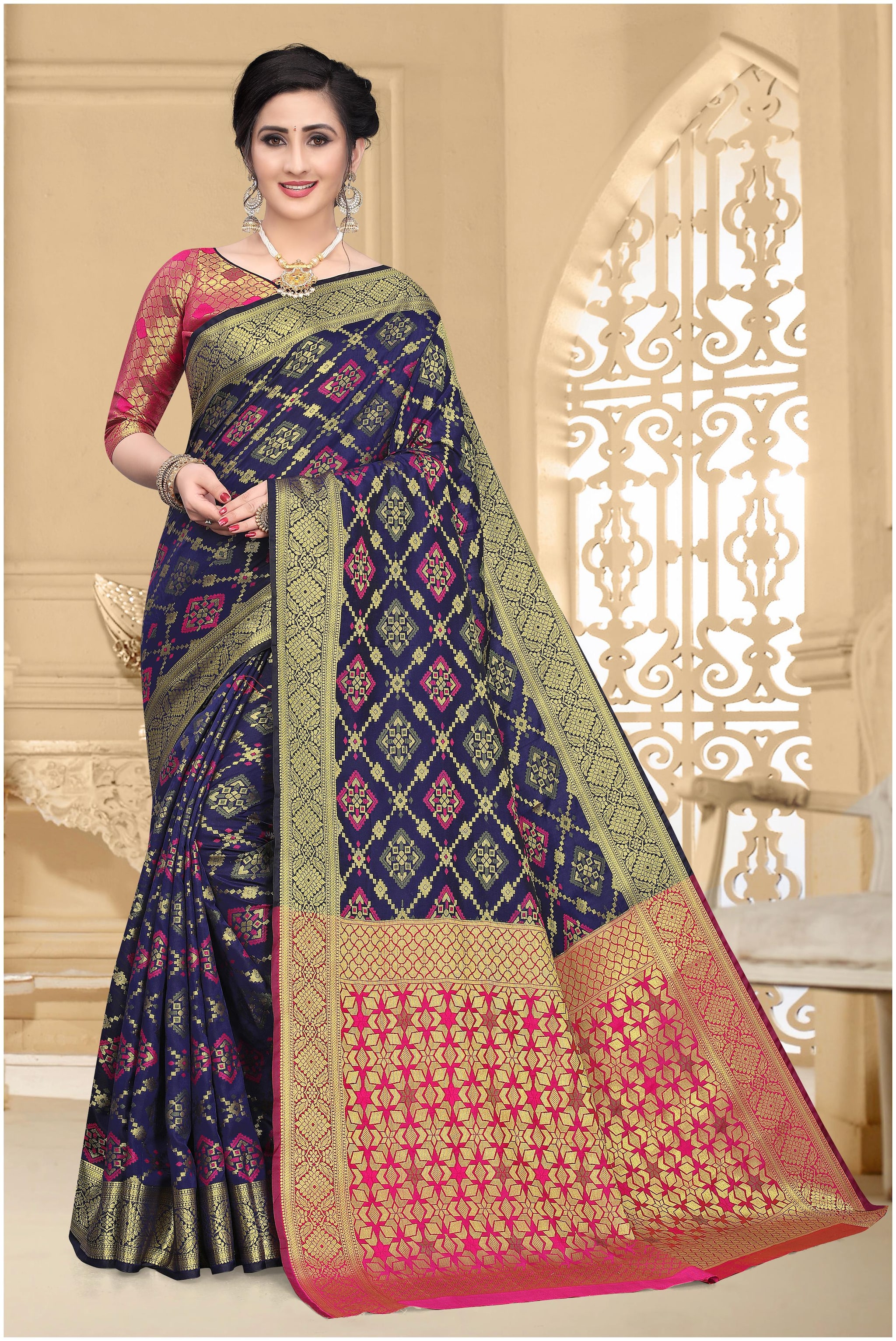 

TABOODY EMPIRE Women Jacquard Woven Navy Blue Designer Saree With Blouse