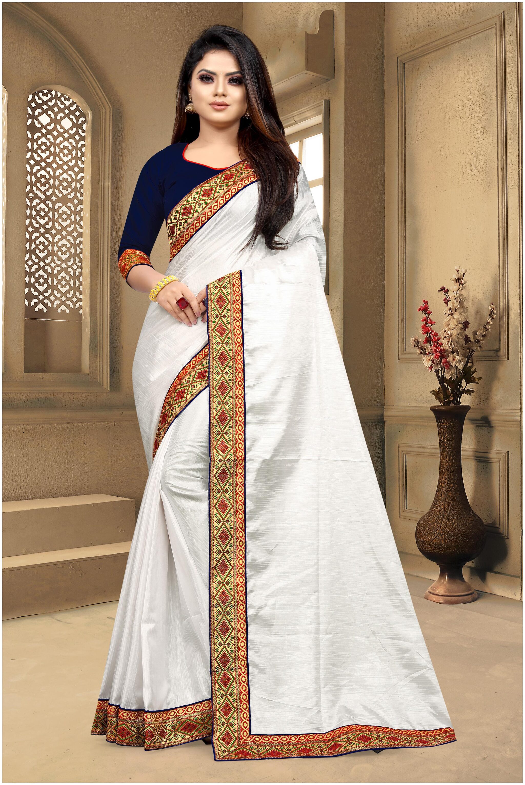 

TABOODY EMPIRE White Solid Fancy Silk Jacquard Lace Border With Saree