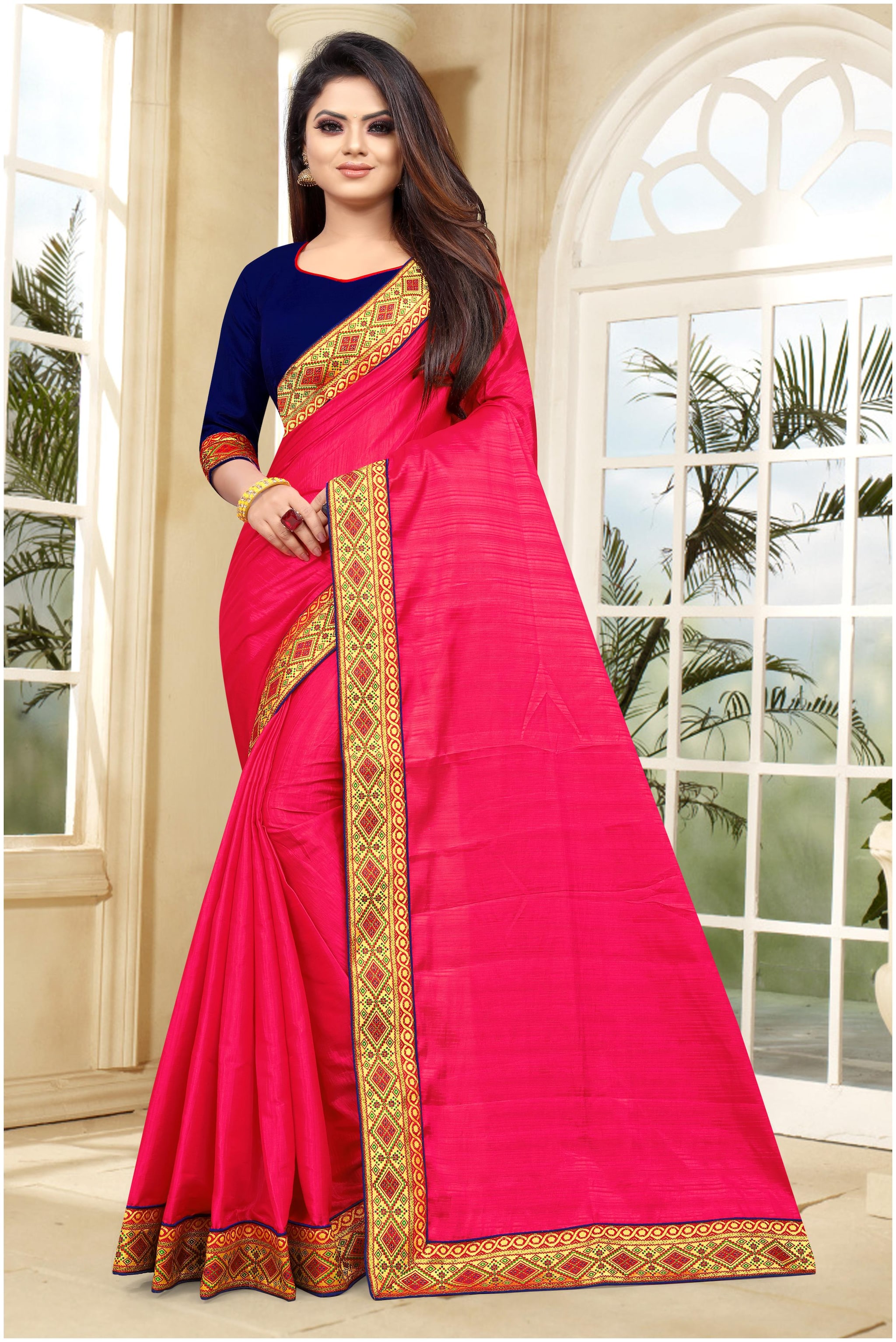 

TABOODY EMPIRE Pink Solid Fancy Silk Jacquard Lace Border With Saree