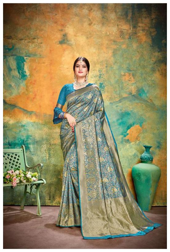 

TABOODY EMPIRE Silk Block print Work Designer Saree Blue