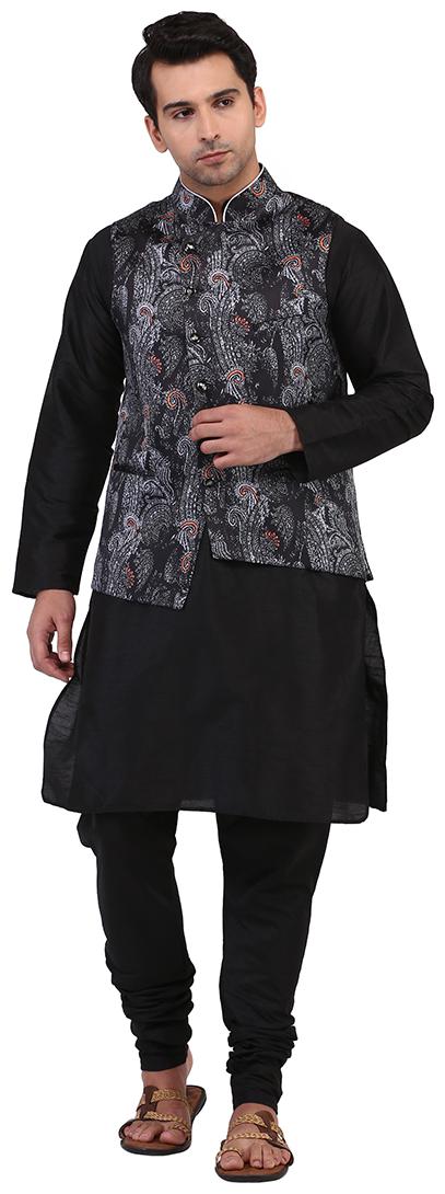 

Tag 7 Black Kurta Pajama with Black Printed Jacket