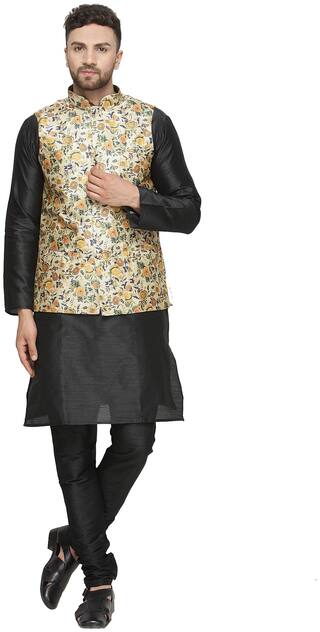 Tag 7 Black Kurta Pajama with Cream and Yellow Printed Jacket