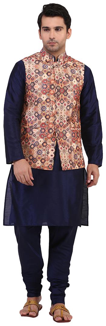 

Tag 7 Blue Kurta Pajama with Peach Gold Printed Jacket