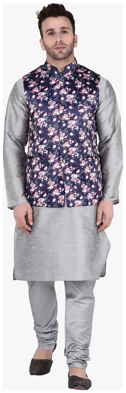 

TAG 7 Grey Kurta Pajama with Printed Jacket