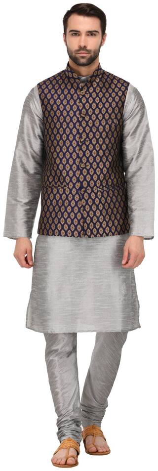 TAG 7 Grey Kurta Pajama with blue golden Jacket