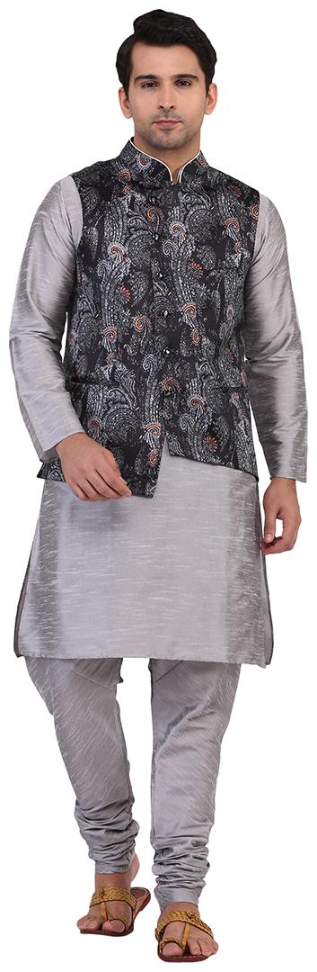 

Tag 7 Kurta Pajama with Black Grey Printed Jacket