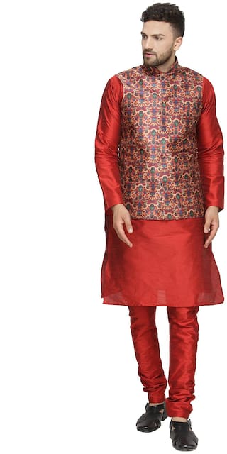 Tag 7 Red Kurta Pajama with Red Printed Jacket
