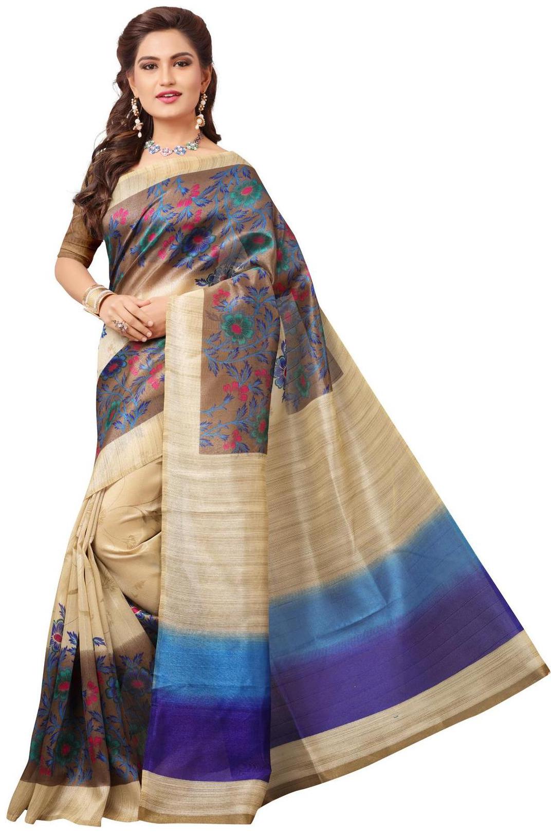 

Tagline Beige Striped Bhagalpuri Regular Saree With blouse