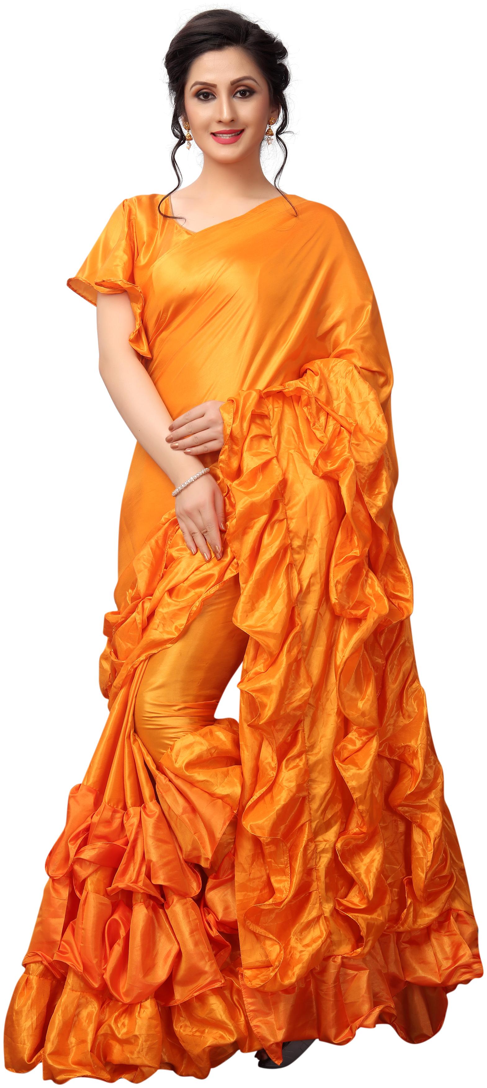 

Tagline Orange Solid Maheshwari Ruffle Saree With blouse