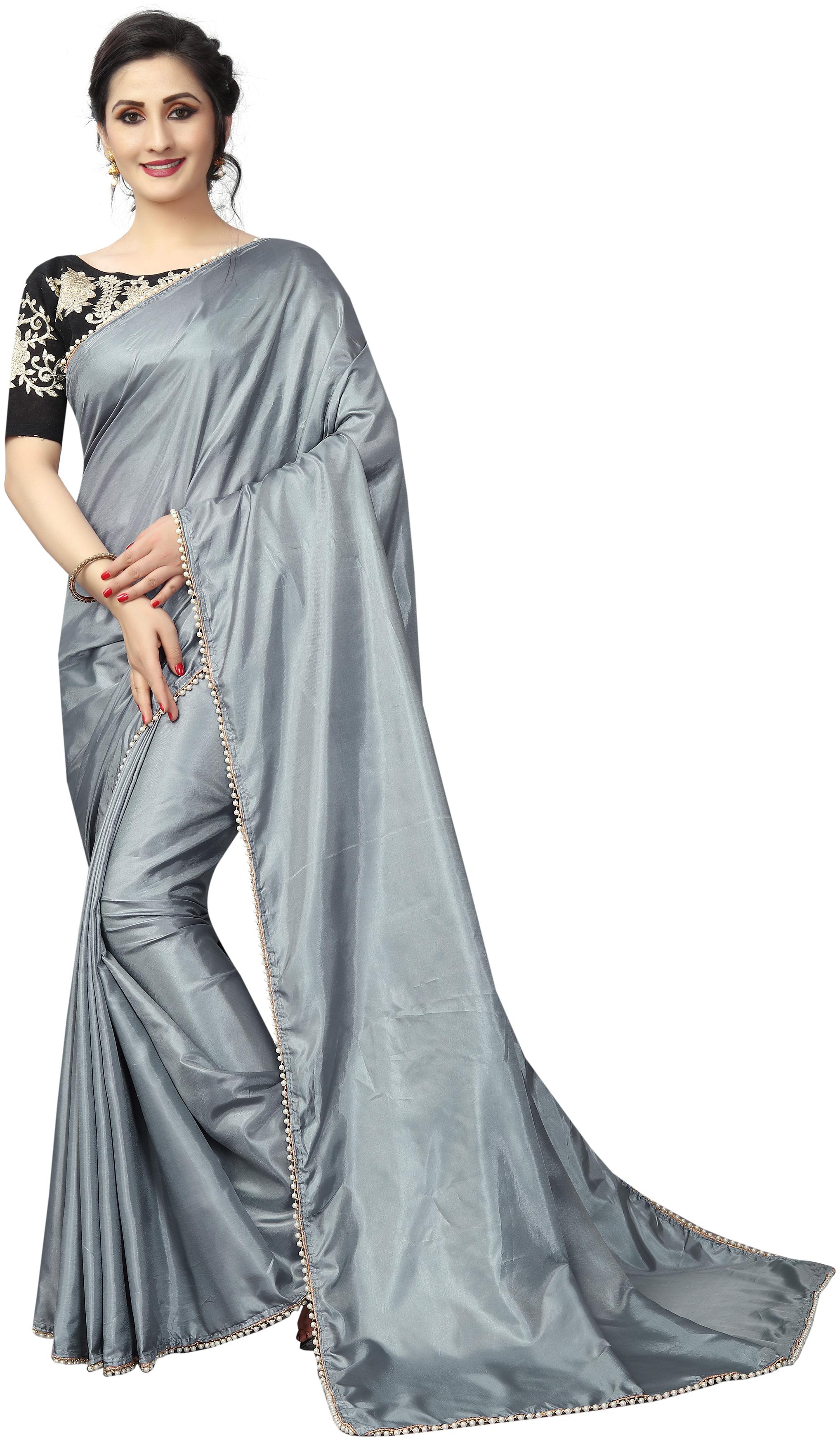 

Tagline Grey Paper Silk Saree White Moti Border