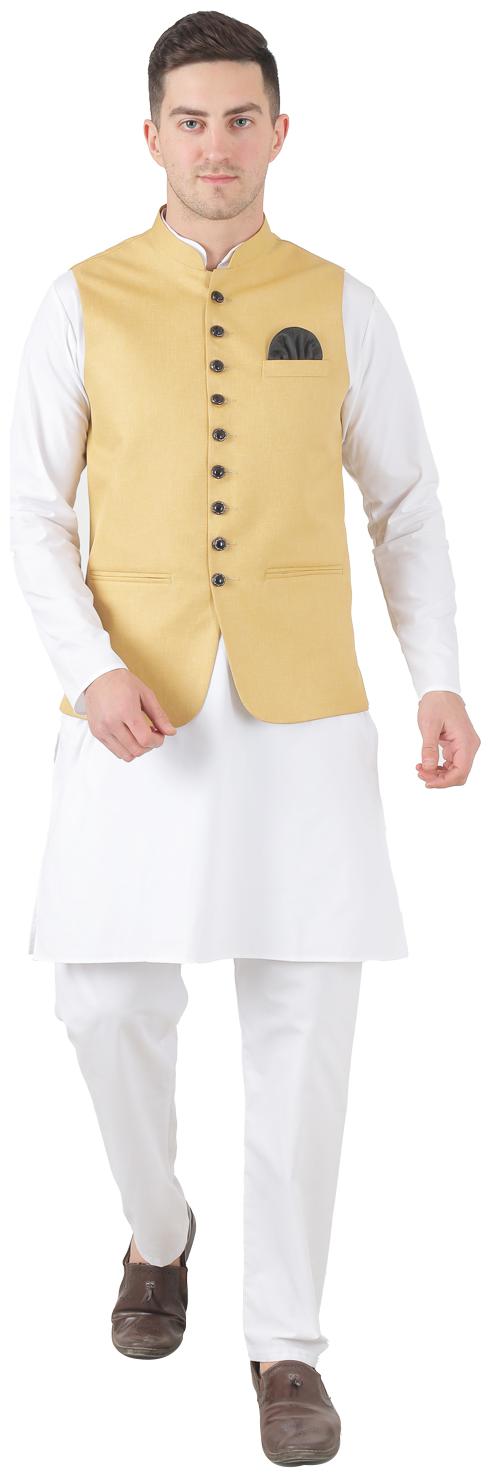 

TAHVO Beige White Solid Kurta and Pyjamas With Nehru Jacket