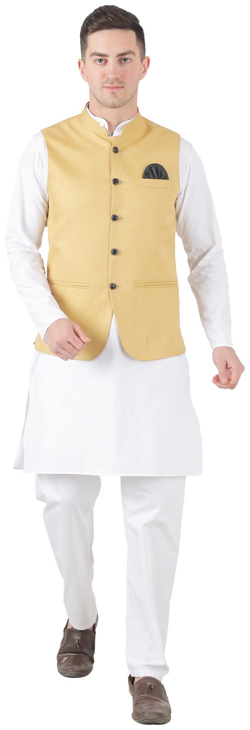 

TAHVO Beige White Solid Kurta and Pyjamas With Nehru Jacket