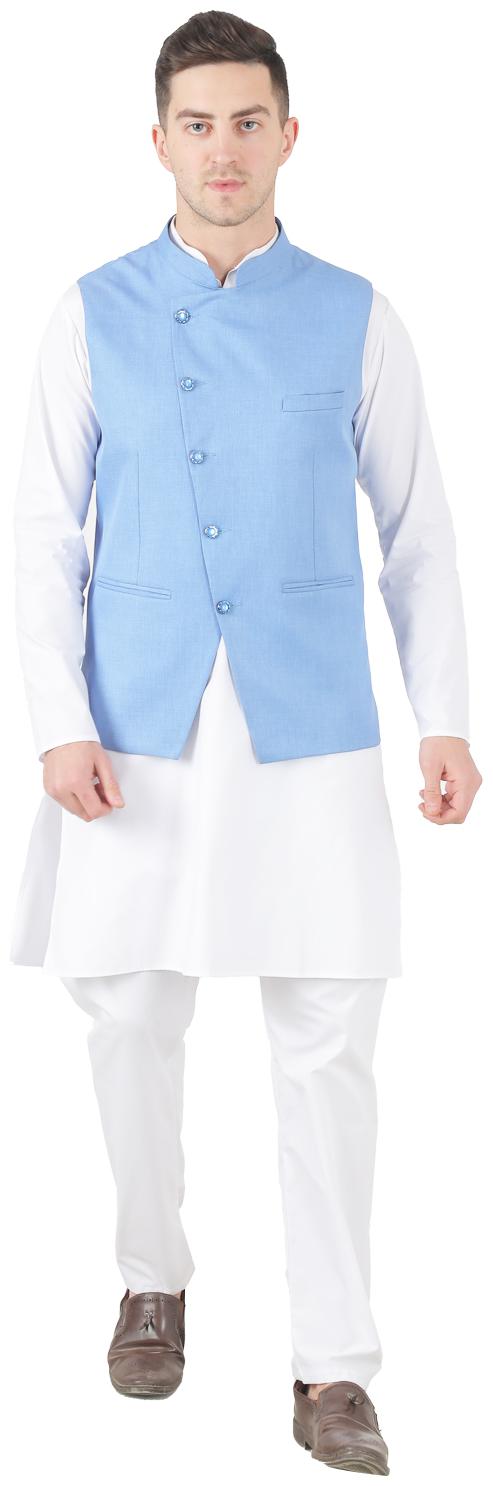 

TAHVO Blue White Solid Kurta and Pyjamas With Nehru Jacket