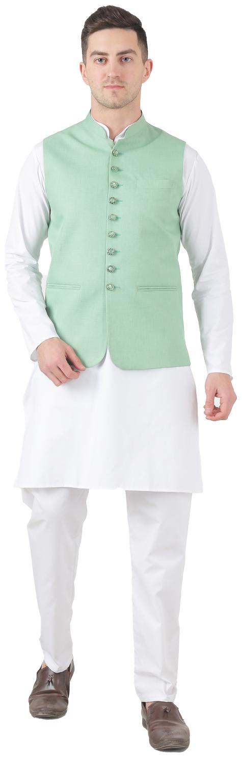 

TAHVO Green White Solid Kurta and Pyjamas With Nehru Jacket