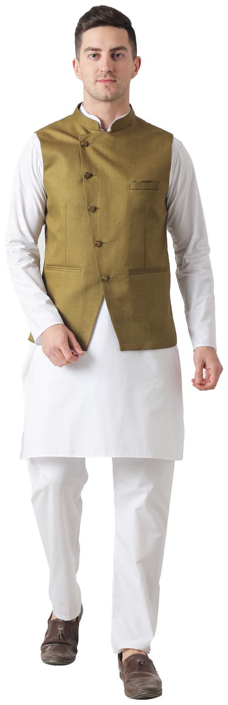 

TAHVO Green White Solid Kurta and Pyjamas With Nehru Jacket