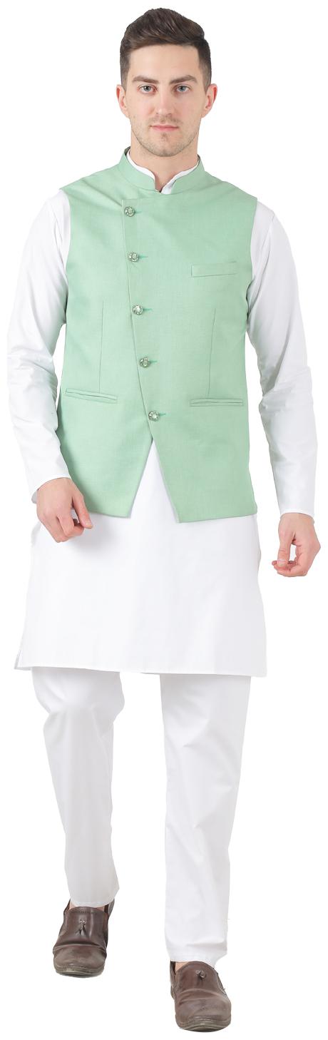 

TAHVO Green White Solid Kurta and Pyjamas With Nehru Jacket
