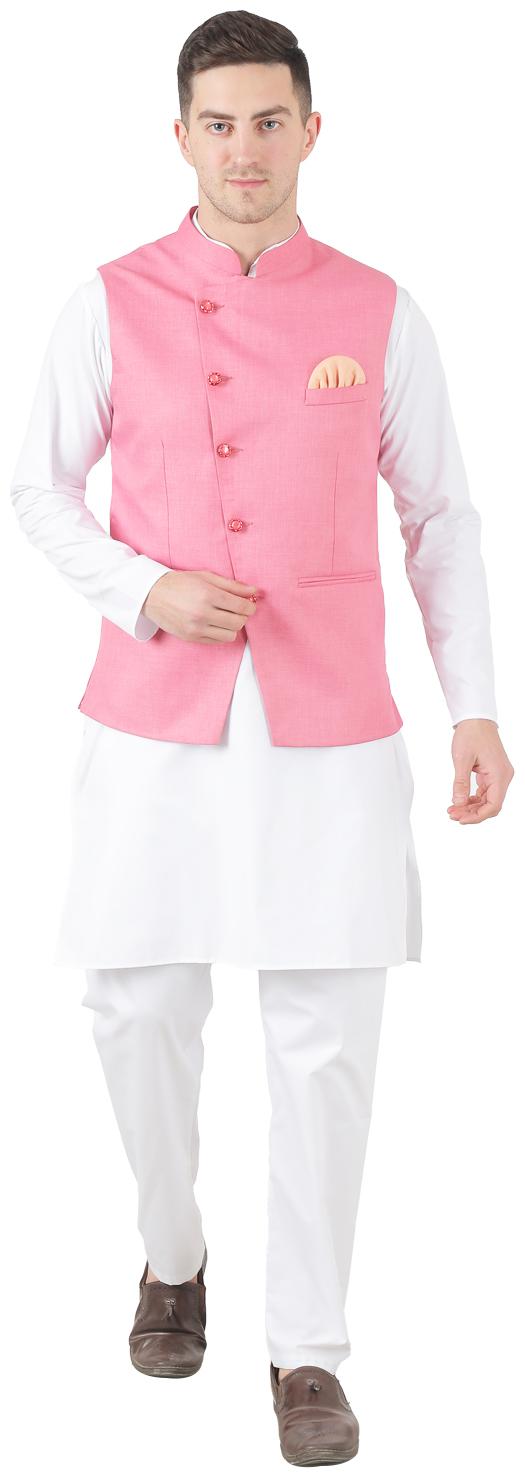 

TAHVO Pink White Solid Kurta and Pyjamas With Nehru Jacket