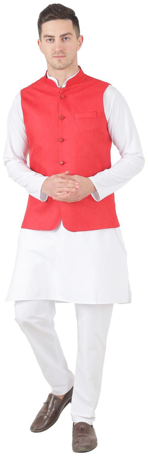

TAHVO Red White Solid Kurta and Pyjamas With Nehru Jacket