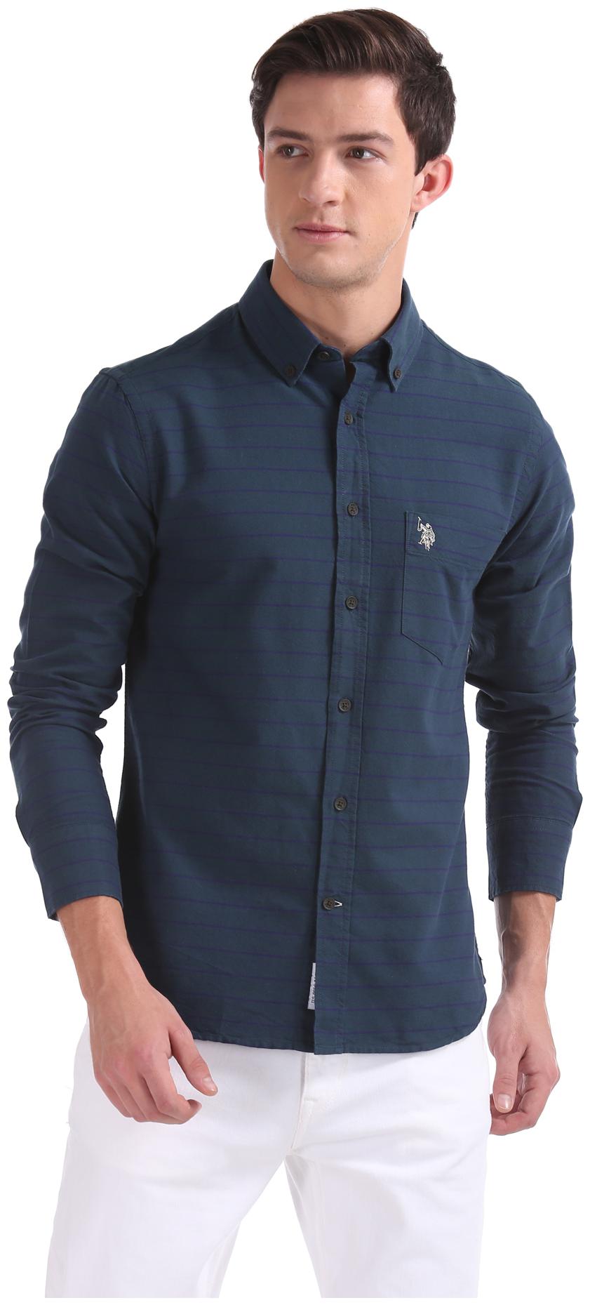 

U S Polo Assn Men Green Horizontal Stripes Regular Fit Casual Shirt
