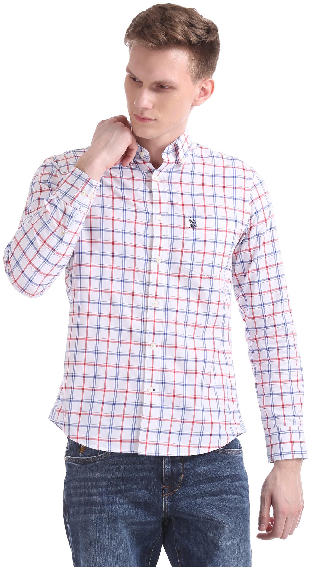

U S Polo Assn Men White Checked Regular Fit Casual Shirt